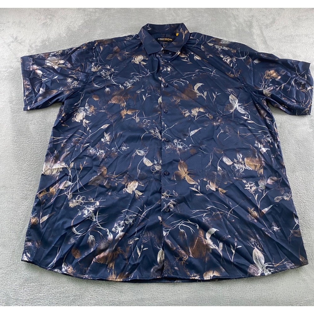Suslo Couture Mens 4X Navy Blue Bronze Floral 4-Way Stretch Short Sleeve Shirt